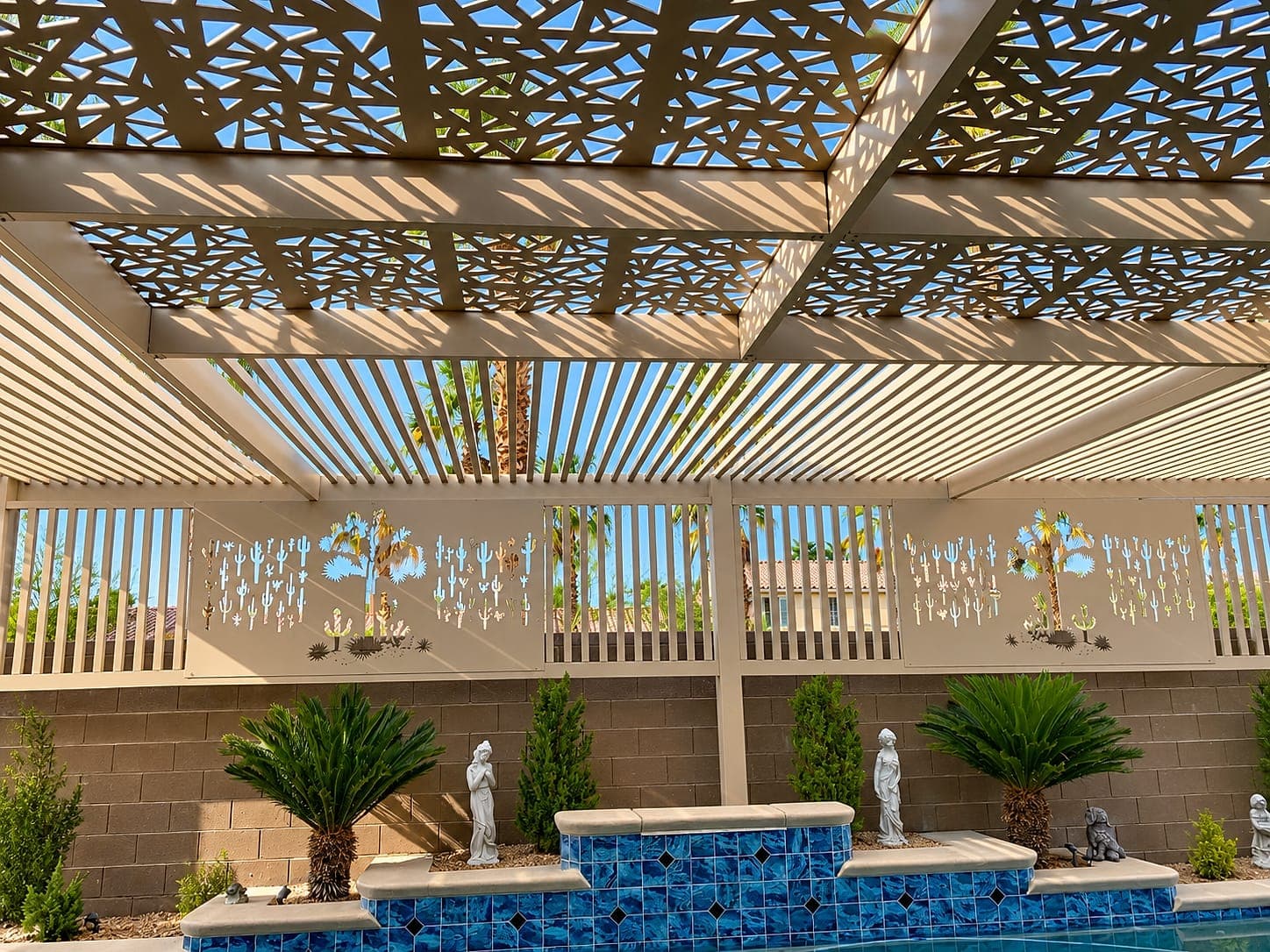 Adobe Tan K Design Soleil panel roof seen from below, casting patterned shadows