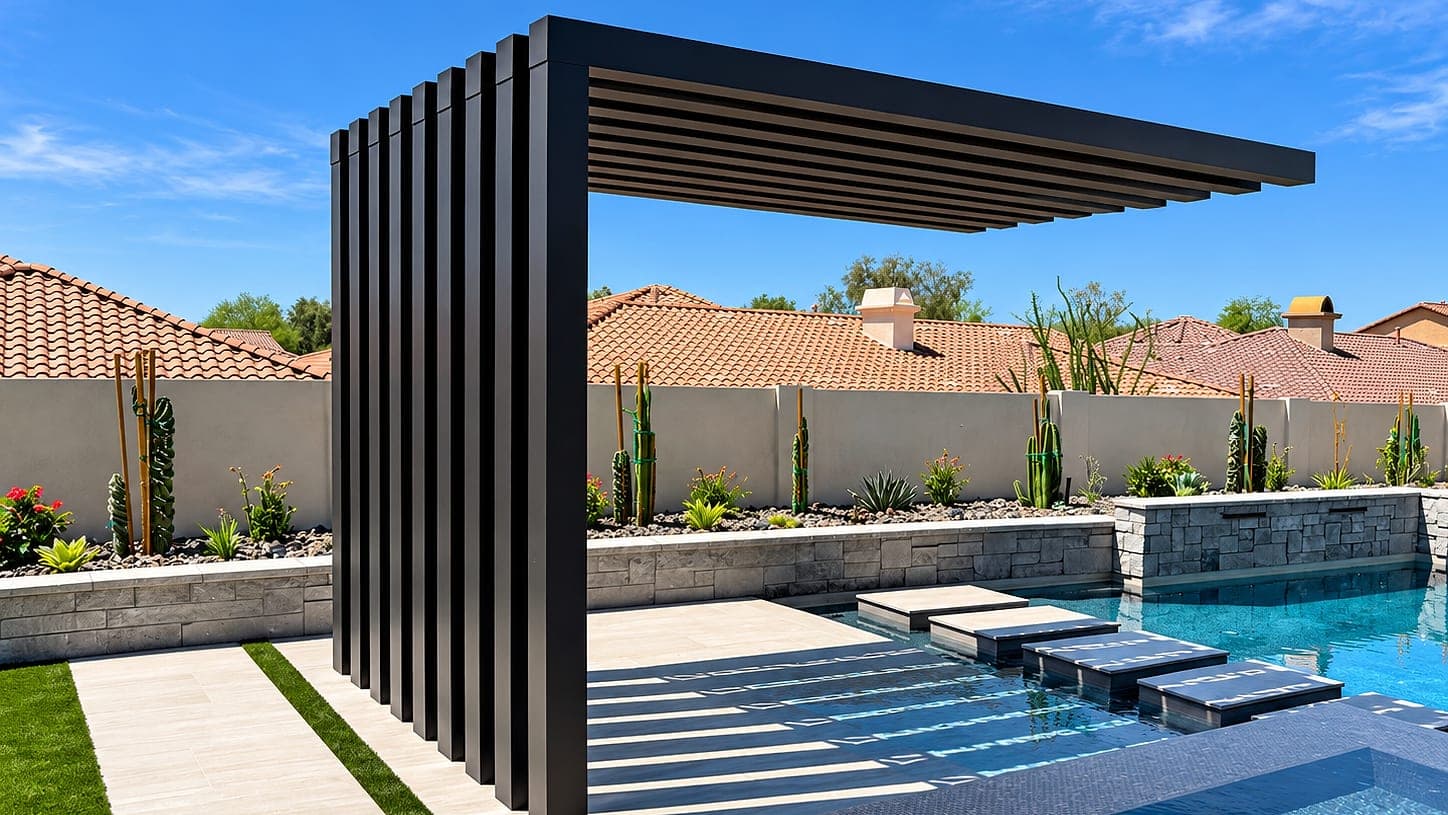 Freestanding aluminum slat structure beside a pool, with a vertical slat wall and an open slatted roof.