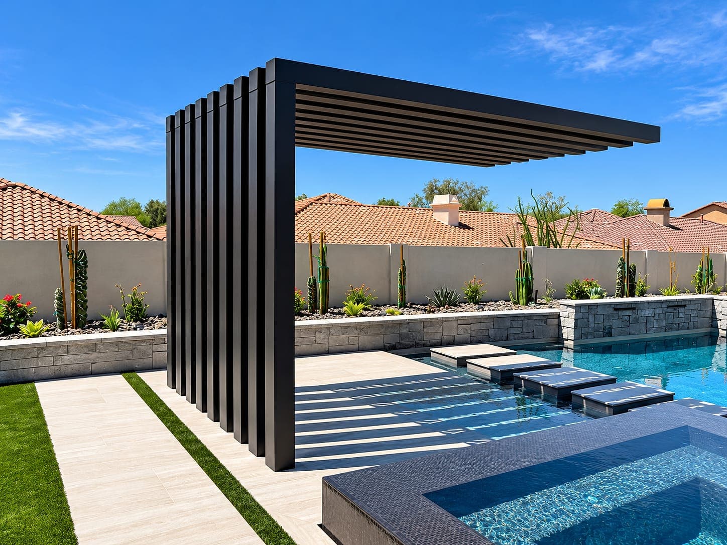 Freestanding aluminum slat structure beside a pool, with a vertical slat wall and an open slatted roof.