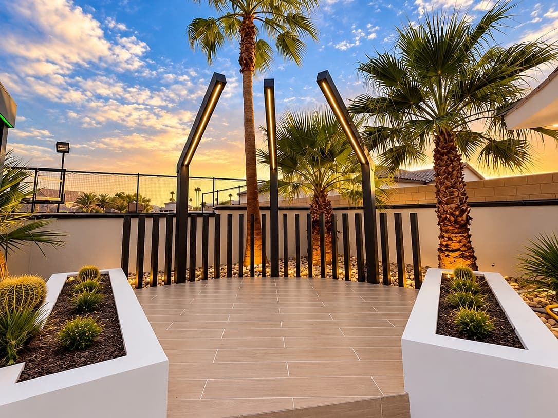 Architectural feature of 6″ aluminum posts with beam light tracks and LED strips attached underneath, along a raised terrace with palm trees at sunset.