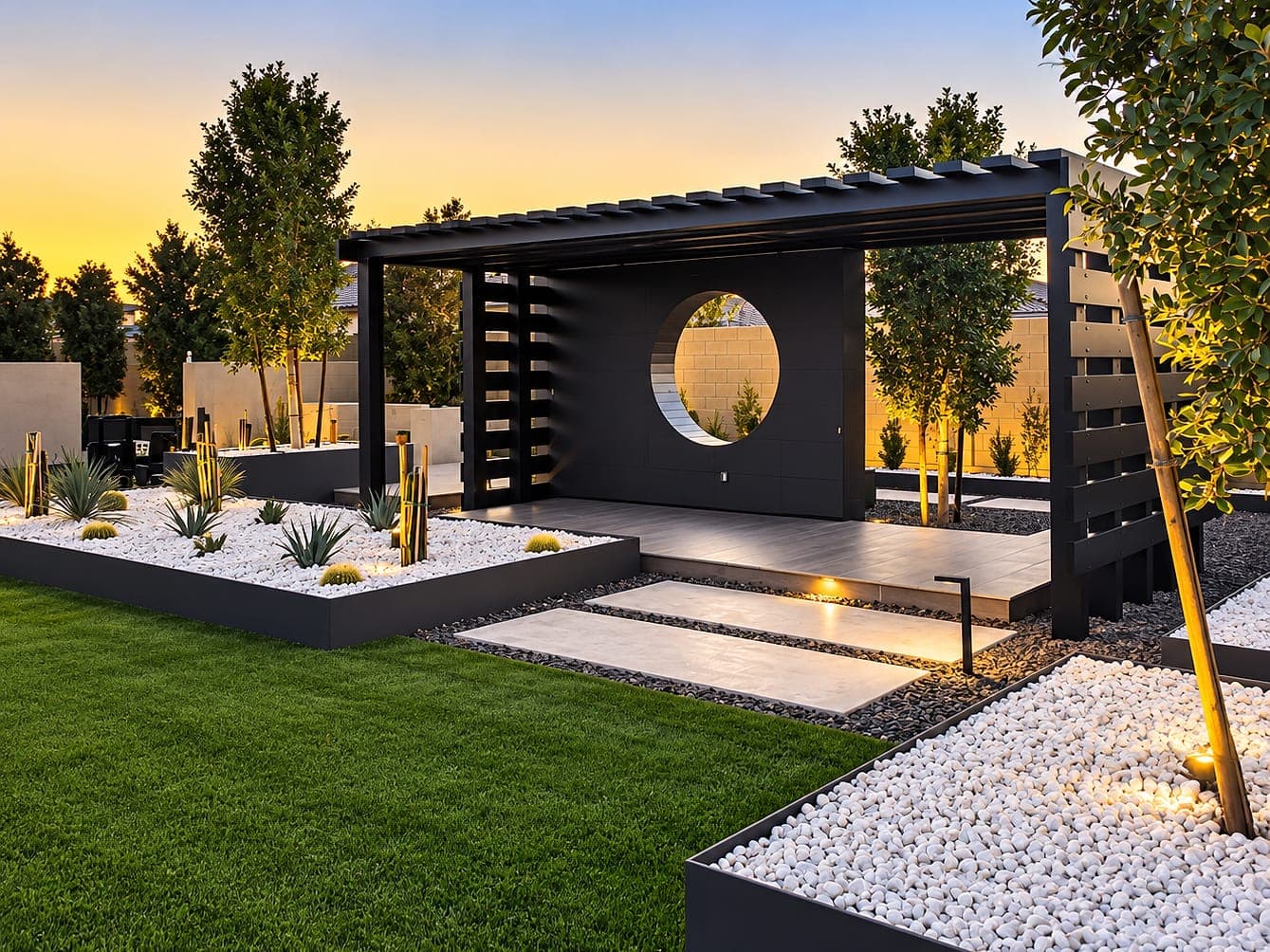 Aluminum shade structure with a slatted roof and a wall with a round cutout, at dusk in a landscaped yard.
