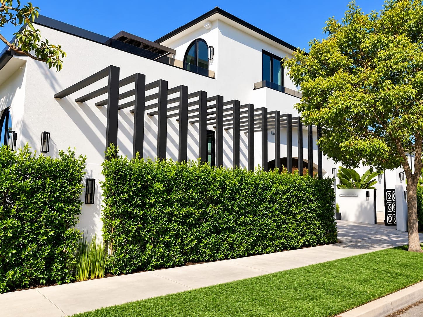 Aluminum slat trellis across the front of a two-story home behind a hedge.