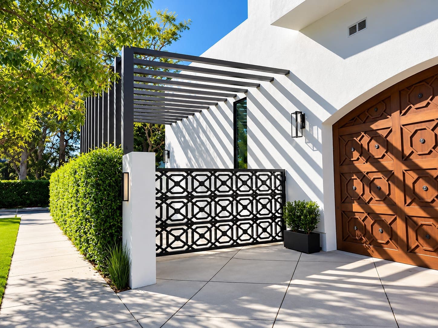 Aluminum slat trellis at a home's side entry beside a garage.