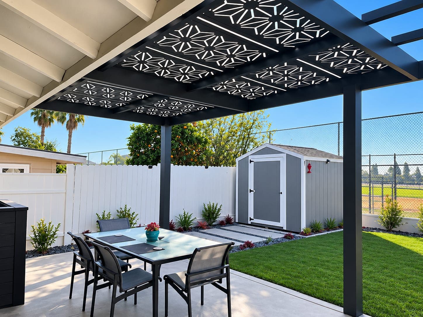 Espresso attached cover with a Star Anise Soleil panel roof over a patio dining set