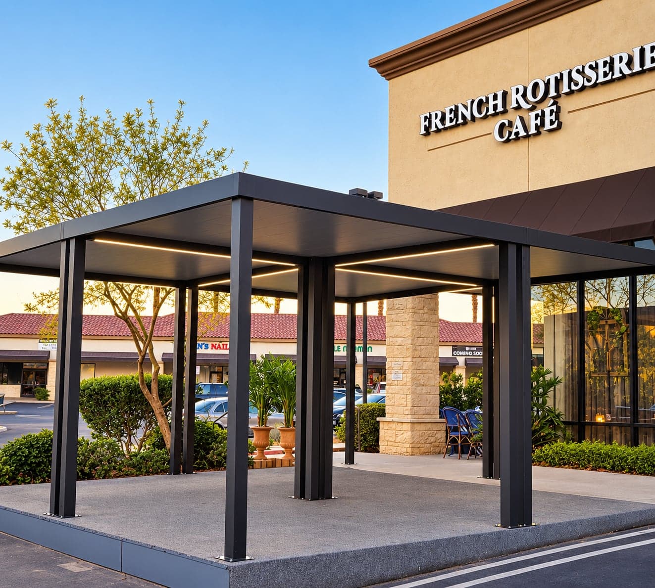 Freestanding Espresso aluminum pergola with grouped posts beside French Rotisserie Café in a shopping center at dusk