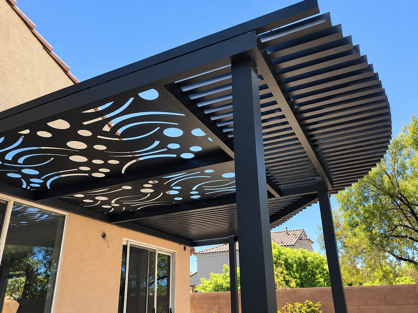 Attached cover with Espresso Party Favor Soleil panels set into the roof