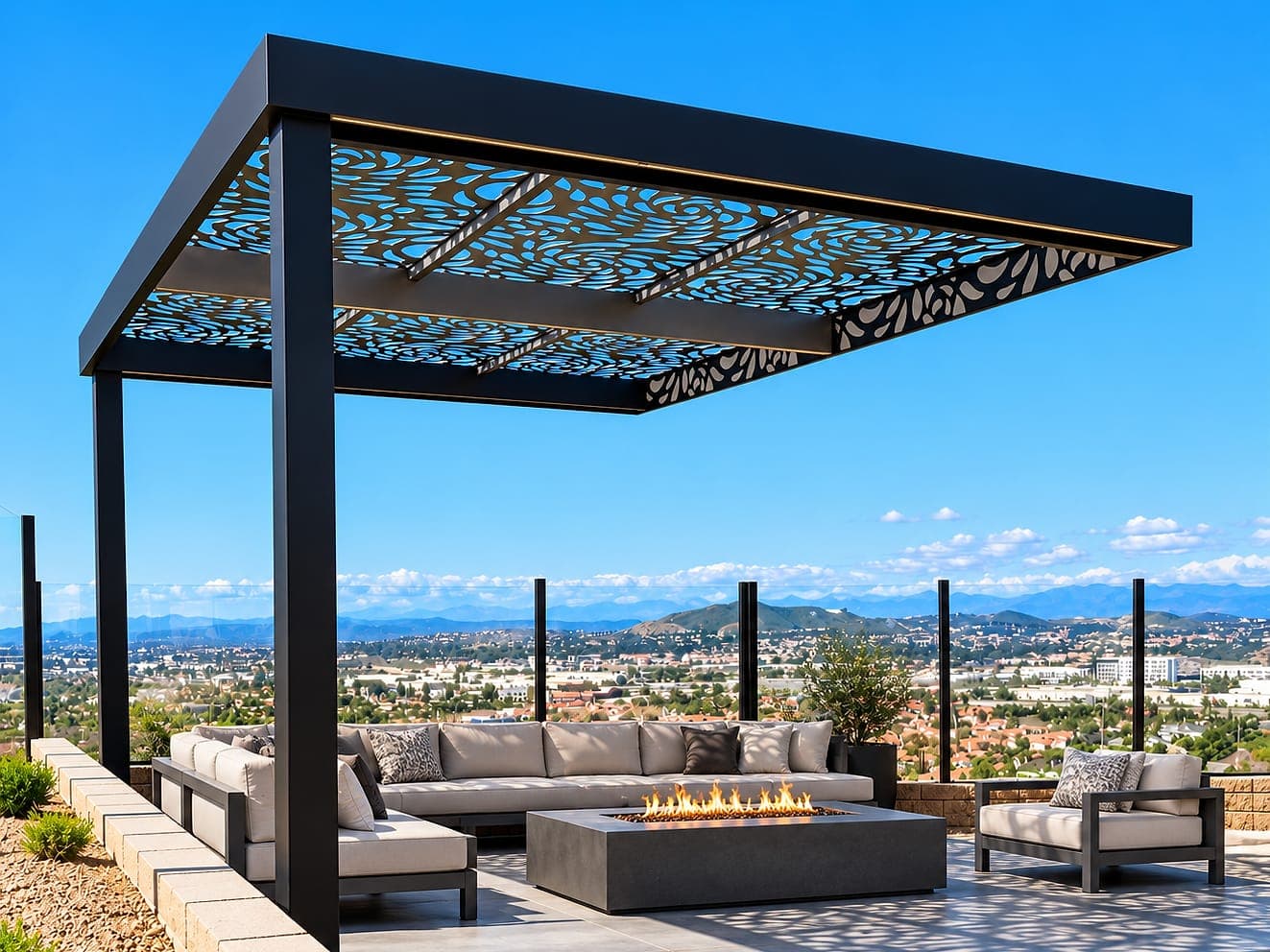 Cantilever with an Espresso Rain Drop Soleil panel roof over a hillside lounge
