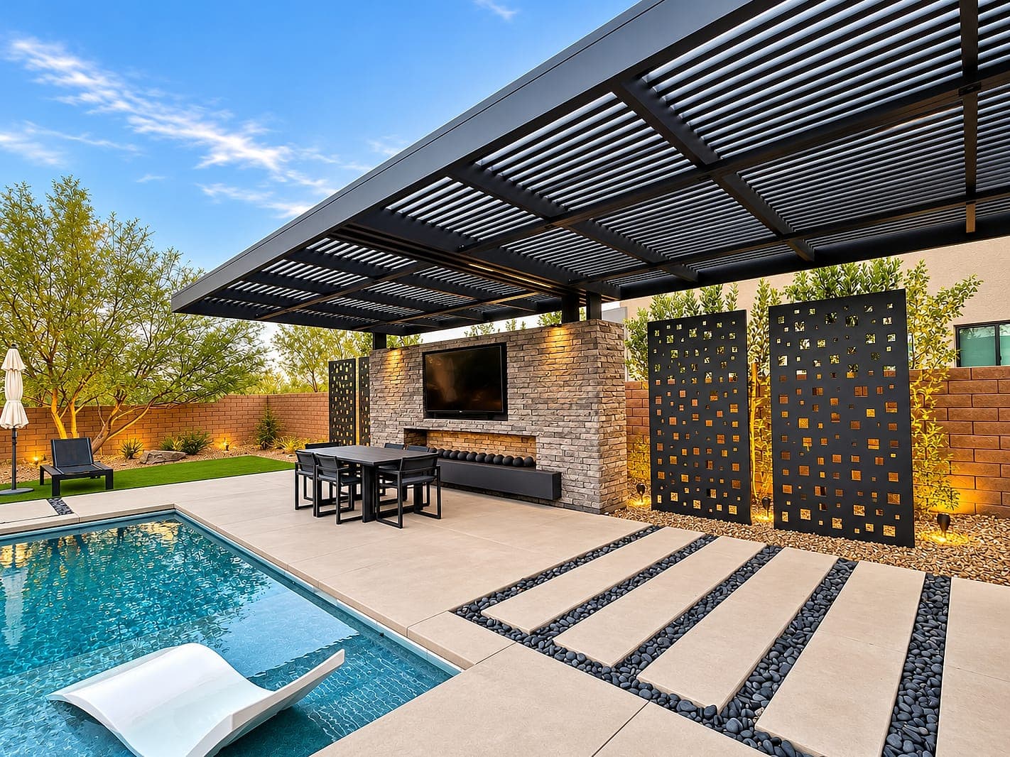 Espresso cantilever beside a pool with Square design Soleil wall panels