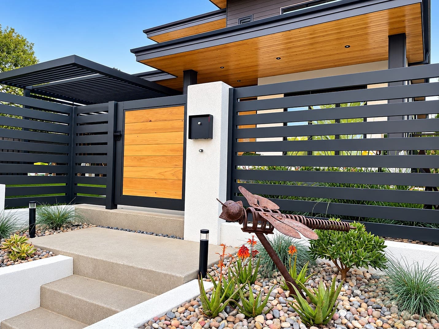 Horizontal aluminum slat fence with a Sandalwood wood-finish gate at the front entry of a modern home.