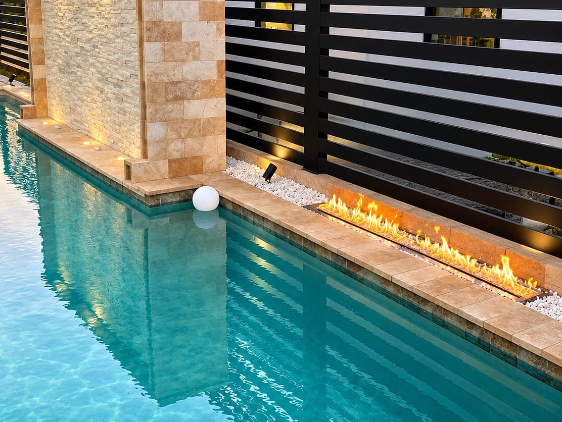 Horizontal aluminum slat privacy fence beside a pool with a fire feature and lit stone water wall at dusk.
