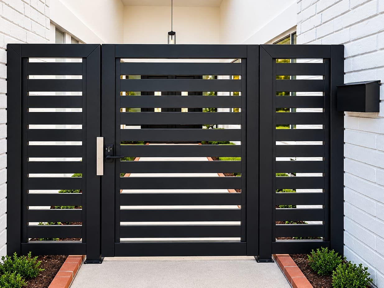Horizontal aluminum slat gate with side panels between two brick walls at an entry courtyard.