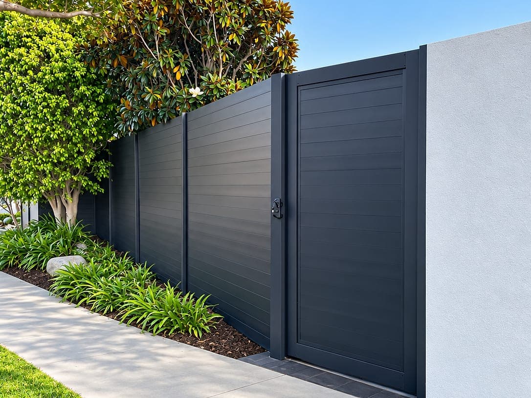 Solid aluminum privacy fence and pedestrian gate along a sidewalk and lawn.