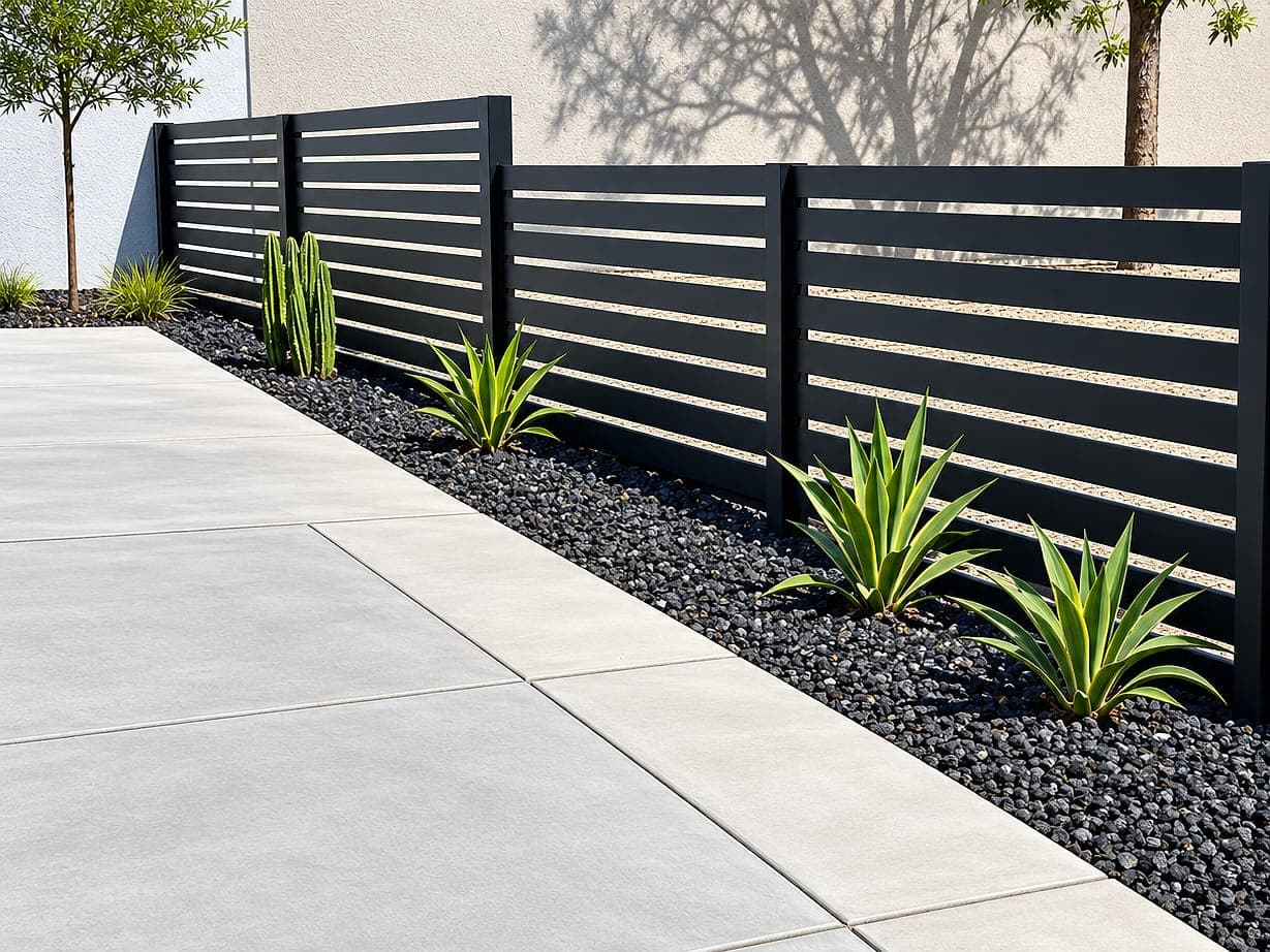 Horizontal aluminum slat fence along a concrete driveway with desert plants.
