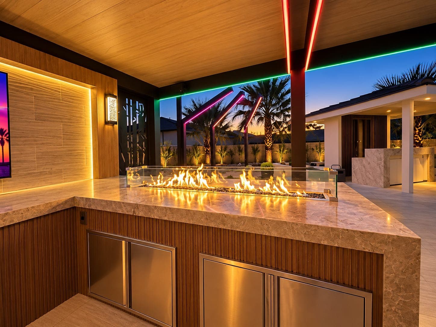 Freestanding pergola over a BBQ with solid Sandalwood Twin Wall panels and a lighting system