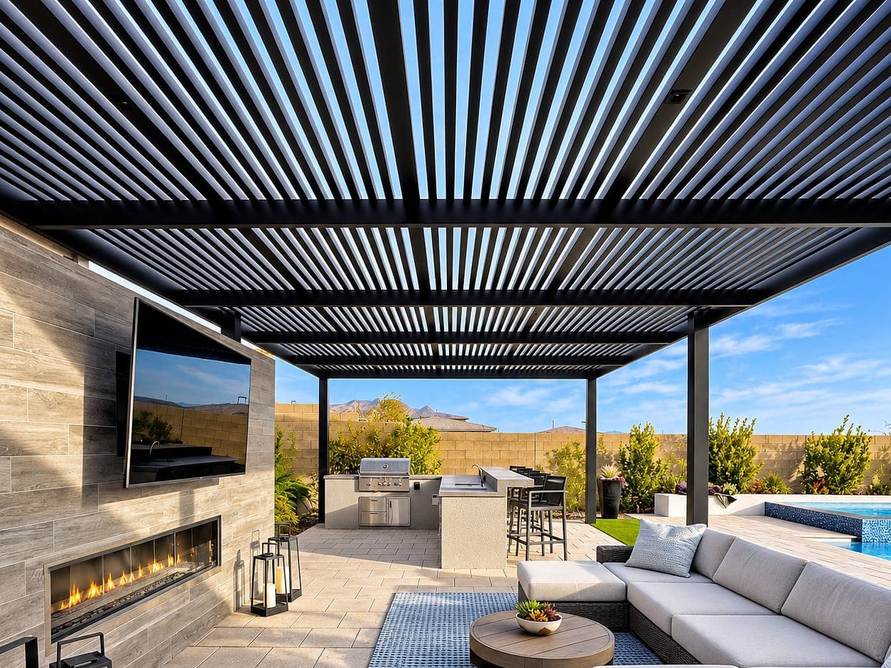 Freestanding lattice-cover pergola with a media wall and fireplace