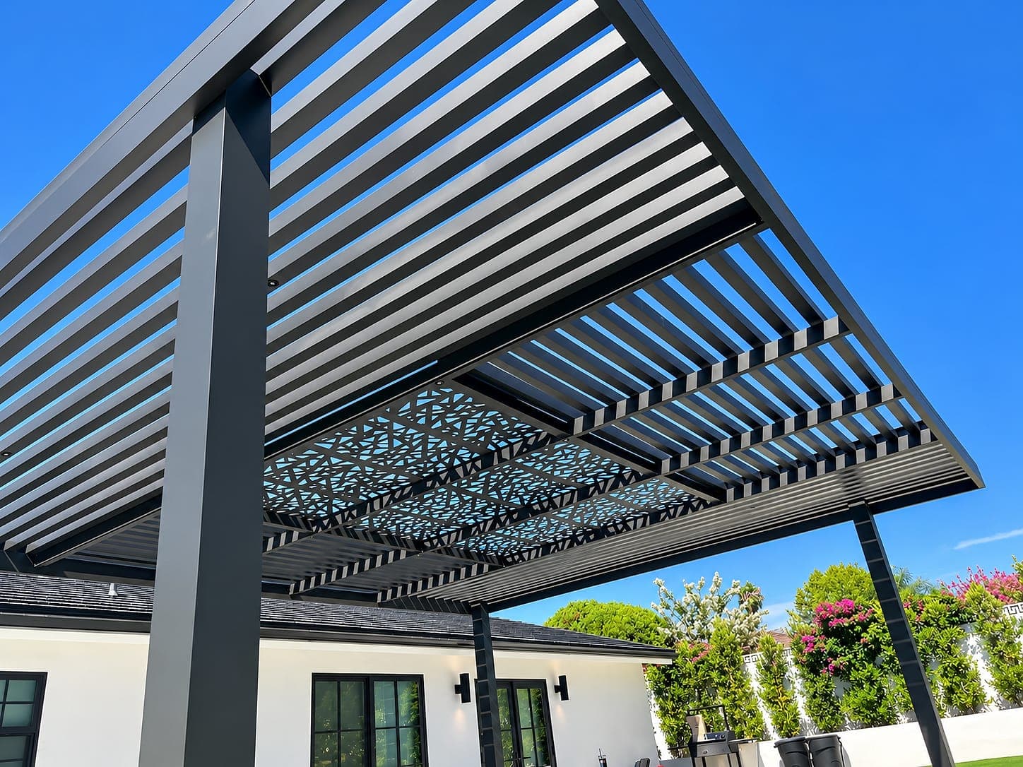 Freestanding cover with K Design Soleil panels set into the roof, seen from below