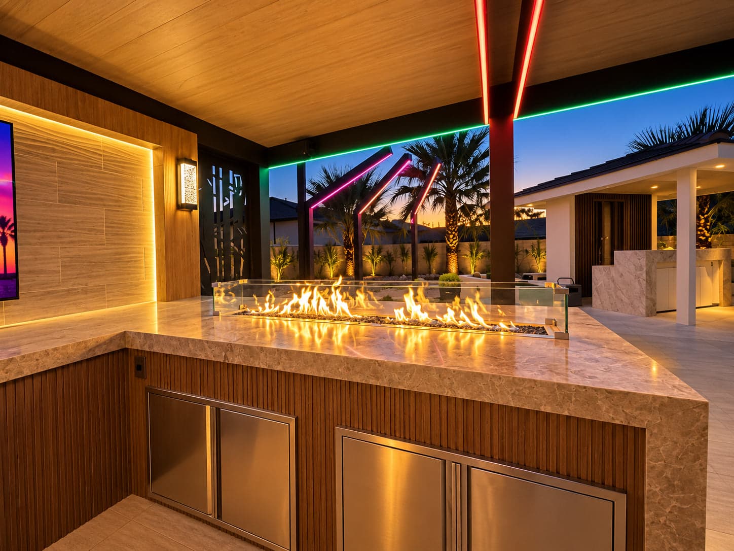 Fire table under a covered patio at dusk, with LED strip lights along the beams and posts.