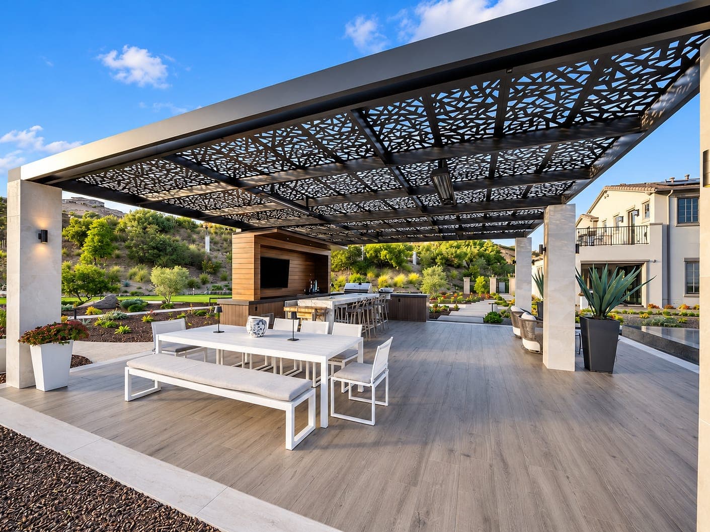 Espresso freestanding cover with a K Design Soleil panel roof over an outdoor dining area