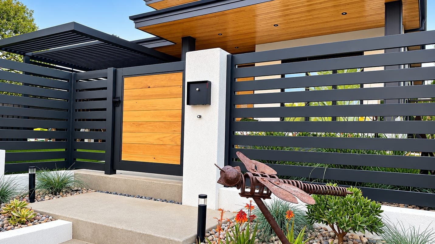 Horizontal aluminum slat fence with a Sandalwood wood-finish gate at the front entry of a modern home.