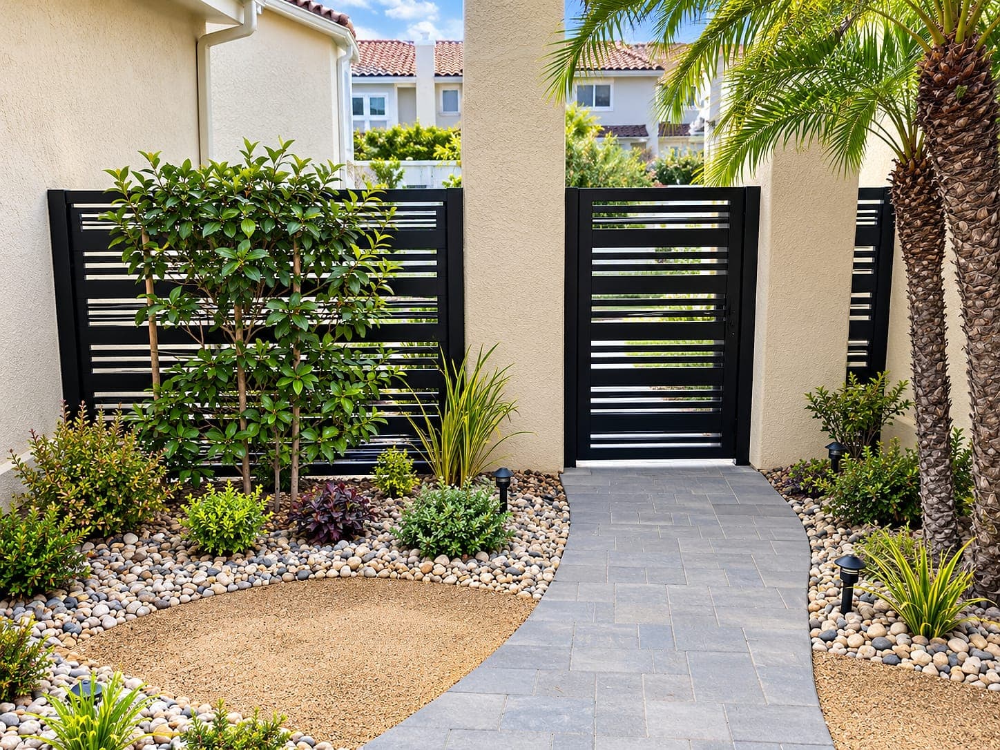 Horizontal aluminum slat fence and pedestrian gate across a paver walkway through a landscaped garden.