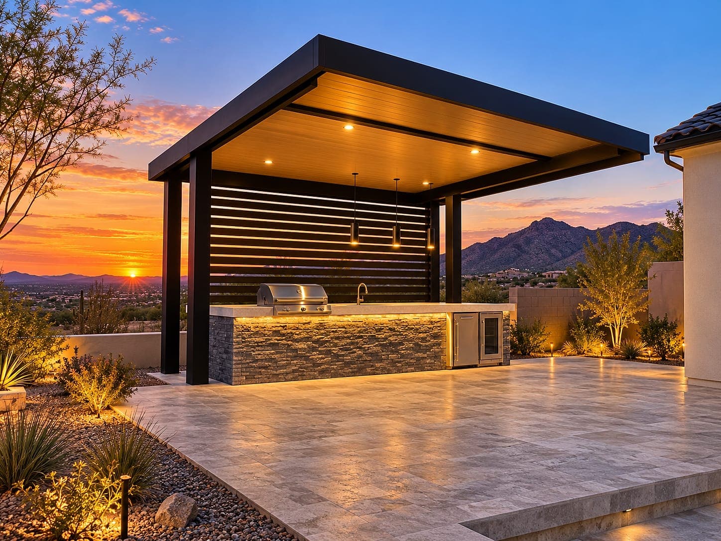 4K Aluminum patio cover with a Sandalwood ceiling and lattice wall over an outdoor kitchen at sunset